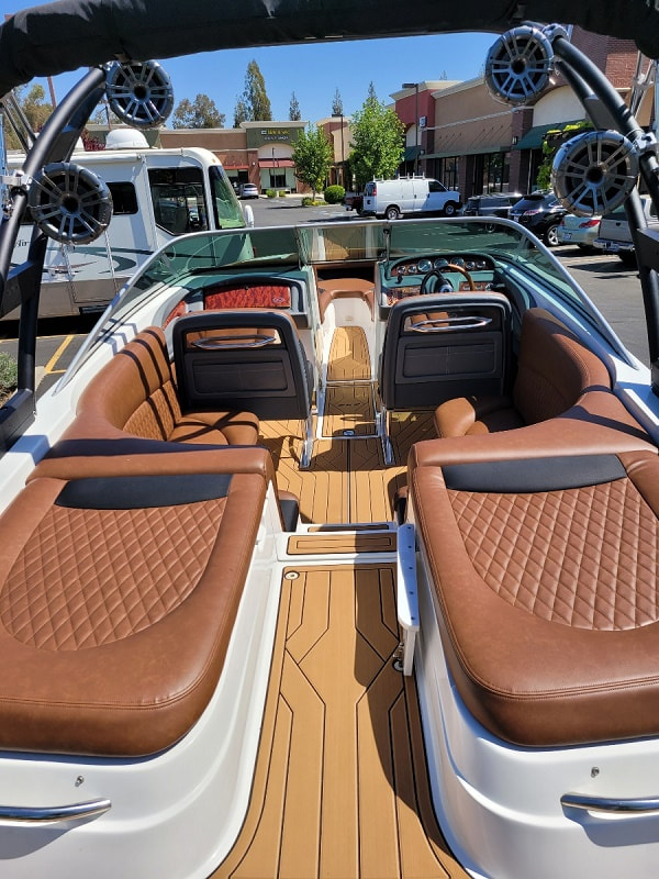 Cobalt 262 gets new custom interior, flooring and upholstery, by James Boat and Fiberglass Repair, Dixon, CA - interior after from rear