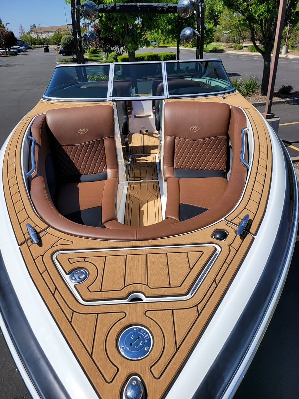 Cobalt 262 gets new custom interior, flooring and upholstery, by James Boat and Fiberglass Repair, Dixon, CA - interior open bow with custom seating