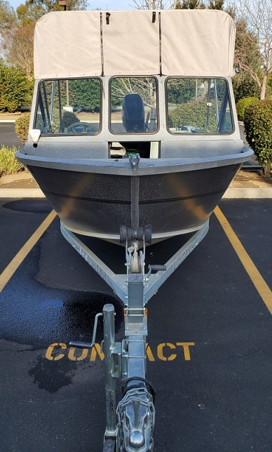 Front view of custom Bimini designed and manufactured by James Boat and Fiberglass Repair, Dixon, CA