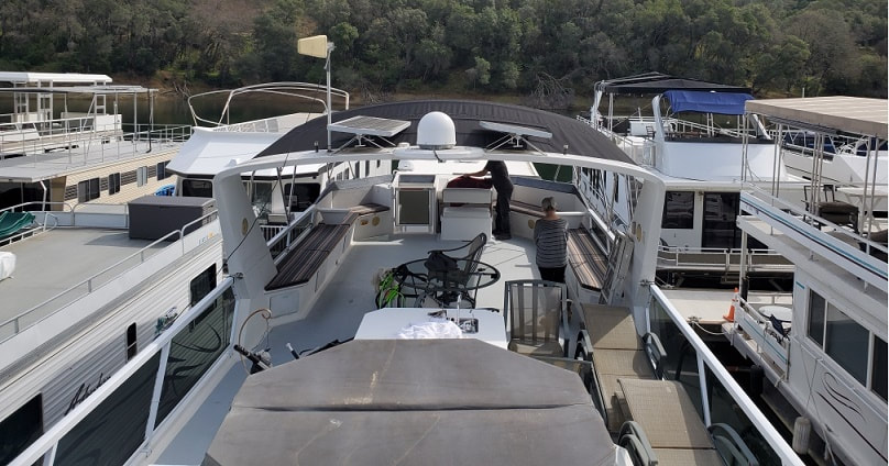 Completed installation of Bimini and seating pads, designed by James Boat and Fiberglass Repair, Dixon, CA for this houseboat on Lake Berryessa